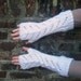 Hand Knit Fingerless Gloves, Long, Chevron Openwork Pattern - White
