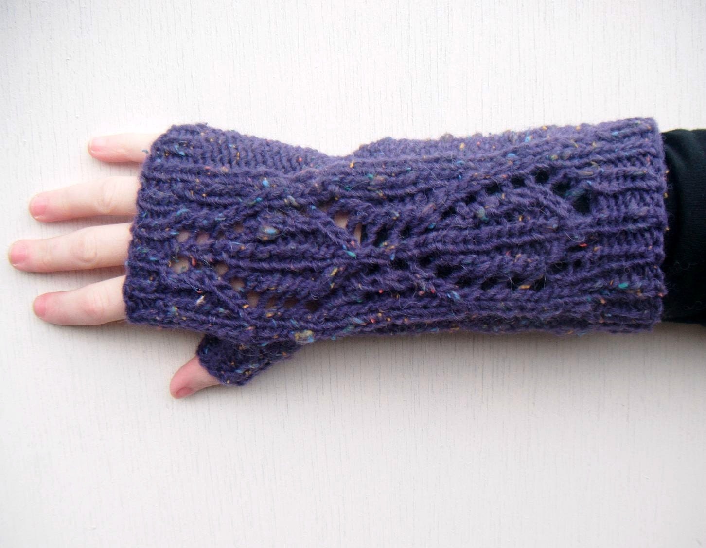 Hand Knit Long Fingerless Gloves, Openwork - Purple Tweed