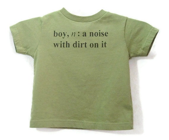 Screenprinted Childrens Tee Shirt Boy Definition Text on Olive Shirt with Black Ink
