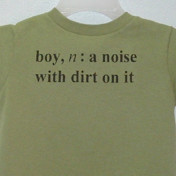 Screenprinted Childrens Tee Shirt Boy Definition Text on Olive Shirt with Black Ink