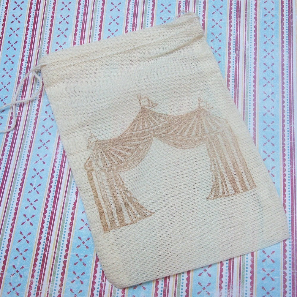 6 muslin drawstring bags circus tent 4x6 inches