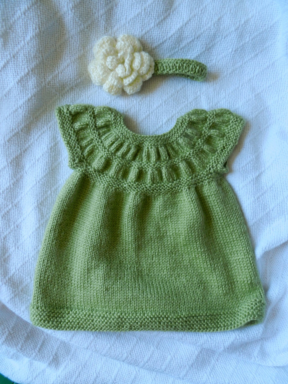 Sage Knitted Ruched Yoke Baby Dress with Cream Rose Headband 0-3 Months