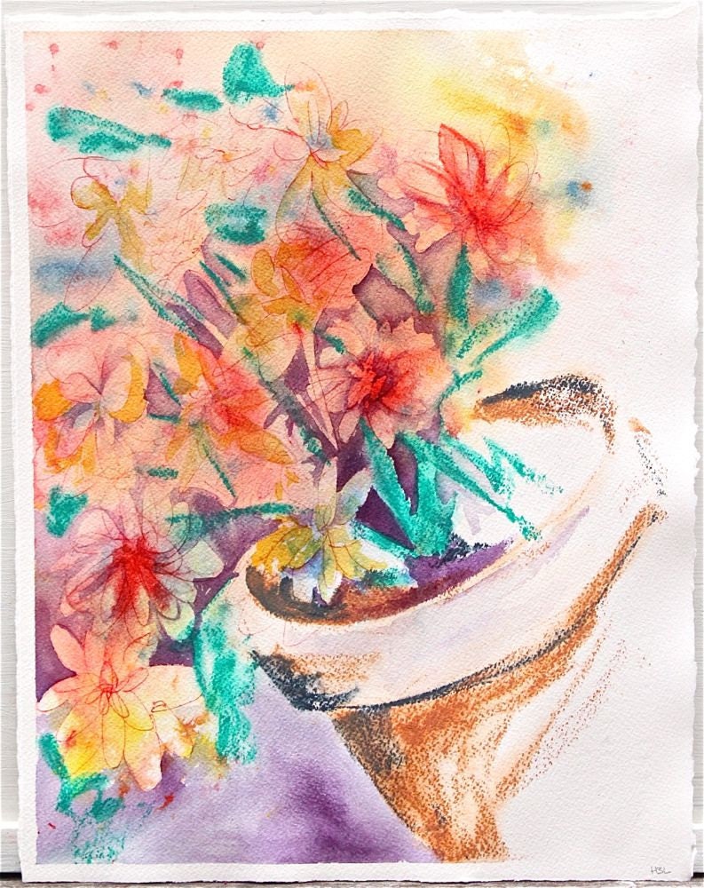 celebration- floral watercolor painting, zinnias, original floral orange red potted flowers