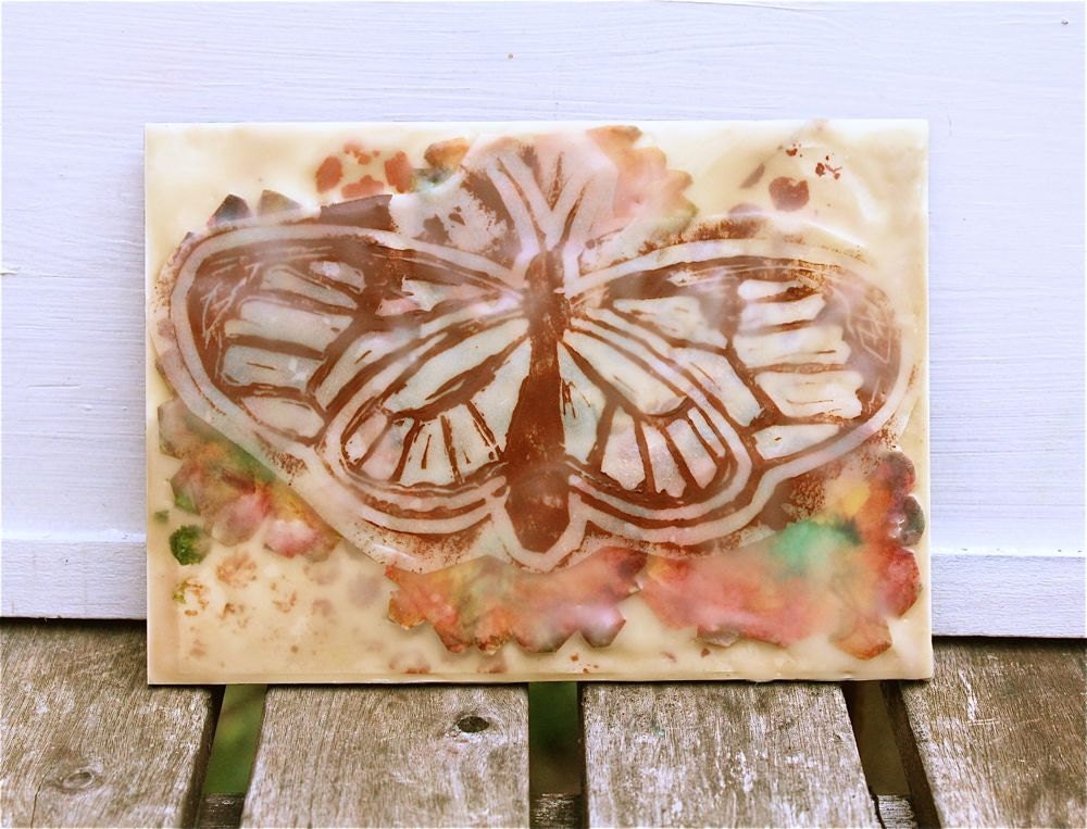 Butterfly Encaustic painting, small, pink orange flower brown, abstract nature garden