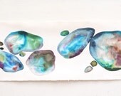 stones long painting original watercolor large painting blue, green, water, minimalist landscape