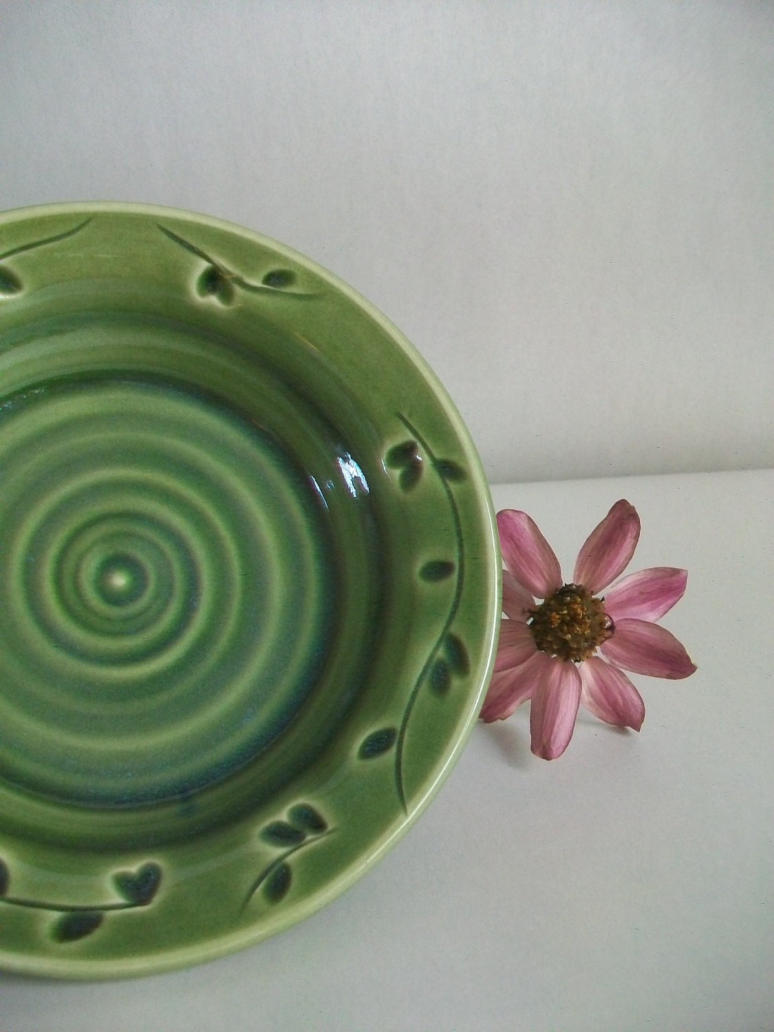 Reserved for Thea -- Candle Holder - Coaster - Trinket Dish - Wedding Favor - Lovely Deep Green with a Carved and Pressed Design