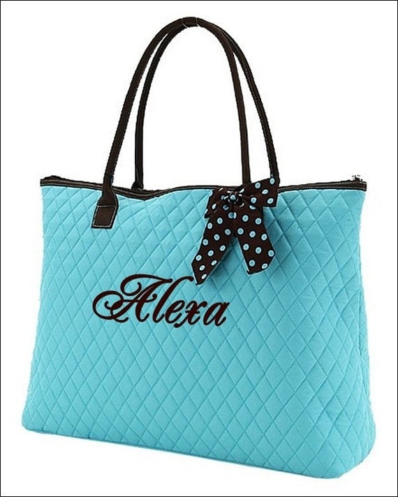 Personalized Quilted Large Tote Bag - Turquoise and Chocolate Brown