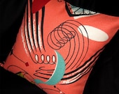 Retro Pillow Cover -- SPACE AGE on Salmon / Pattern  2  --  Vintage Reproduction Barkcloth -- for 18" x 18" insert