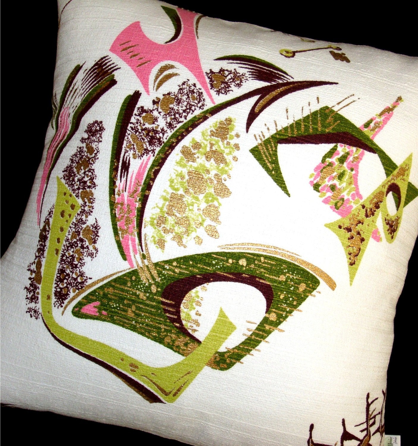 Retro Barkcloth Throw Pillow Cover -- MAD MEN Lime Green and Pink -- For 18" x 18" insert - Just 1 LEFT
