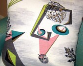 Retro Barkcloth Throw Pillow Cover -- MAD MEN Citrine Green, Aqua and Pink -- For 18" x 18" insert