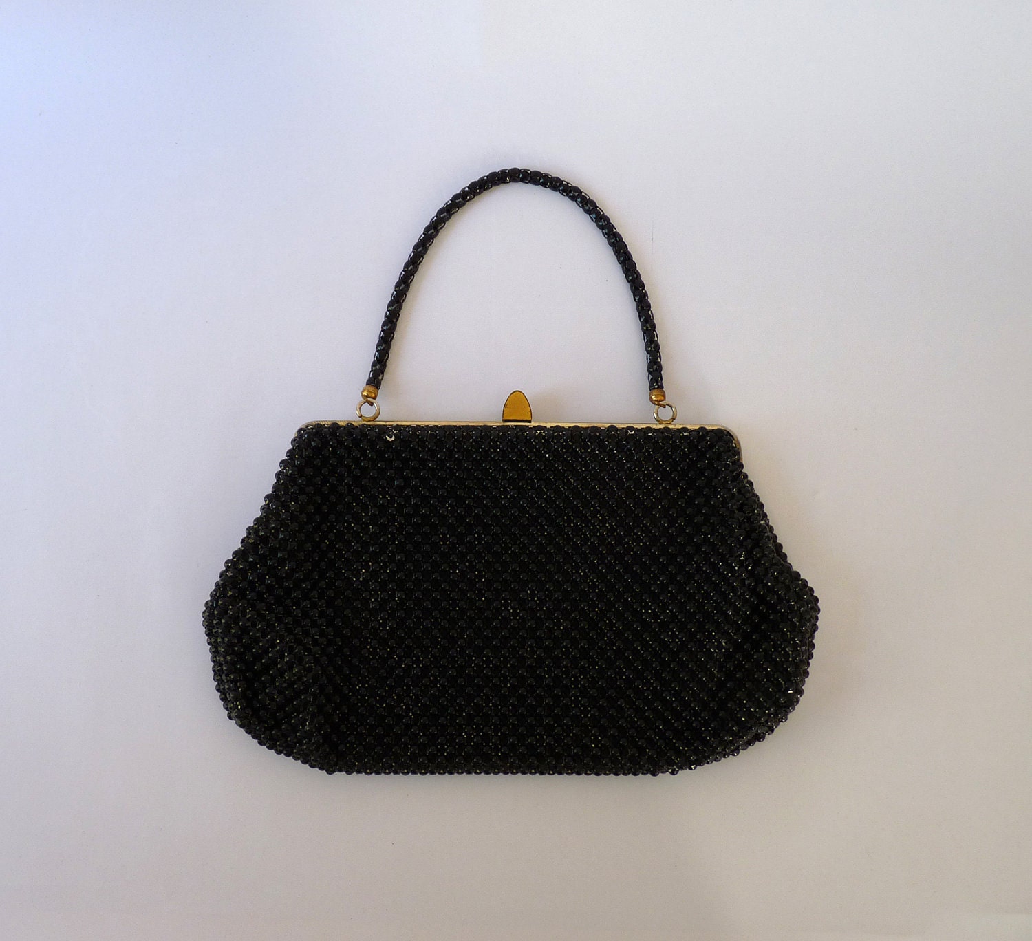 Vintage 50s/60s Whiting and Davis Black Bead Mesh Evening Bag Purse