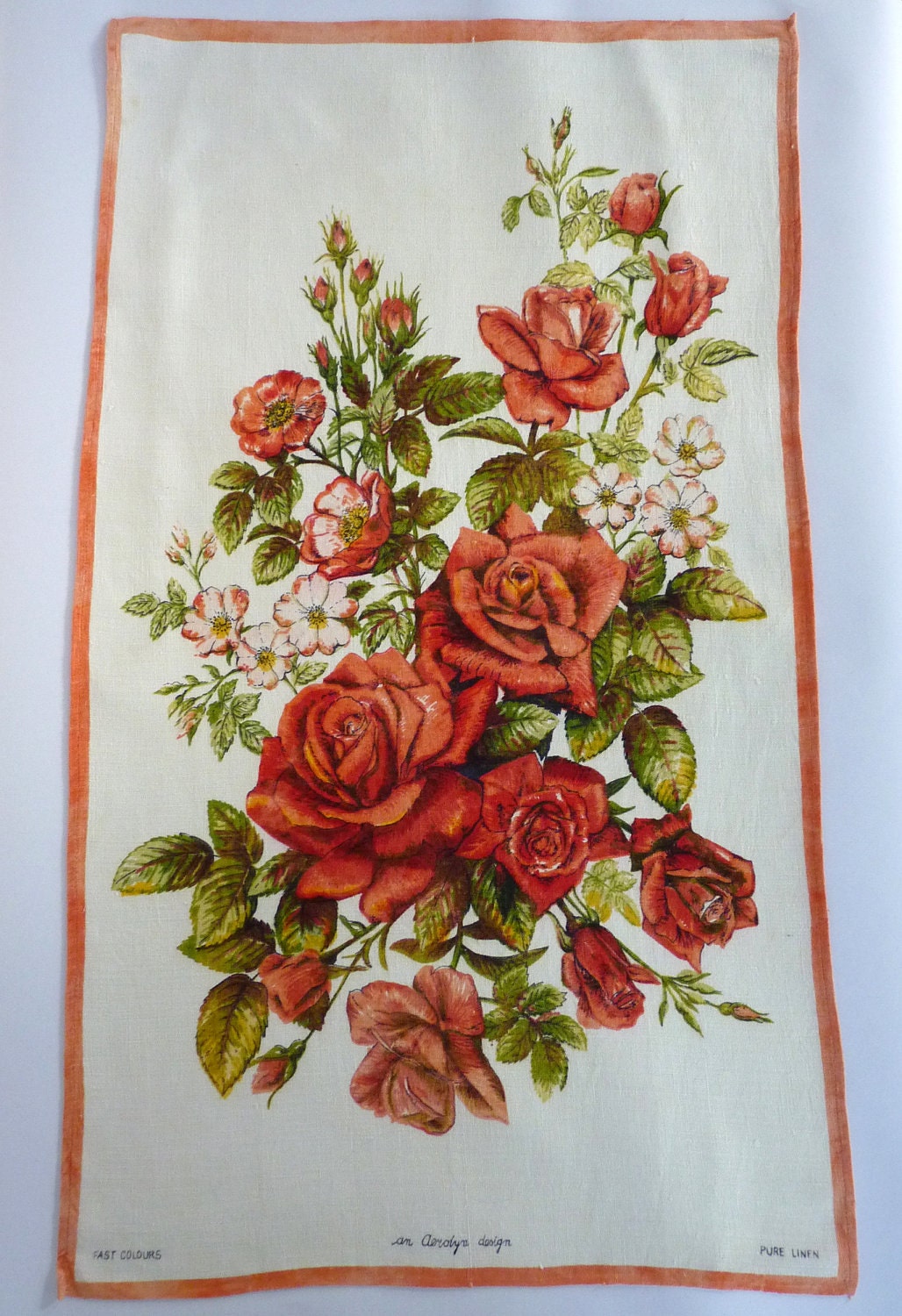 Vintage Linen Roses Tea Towel