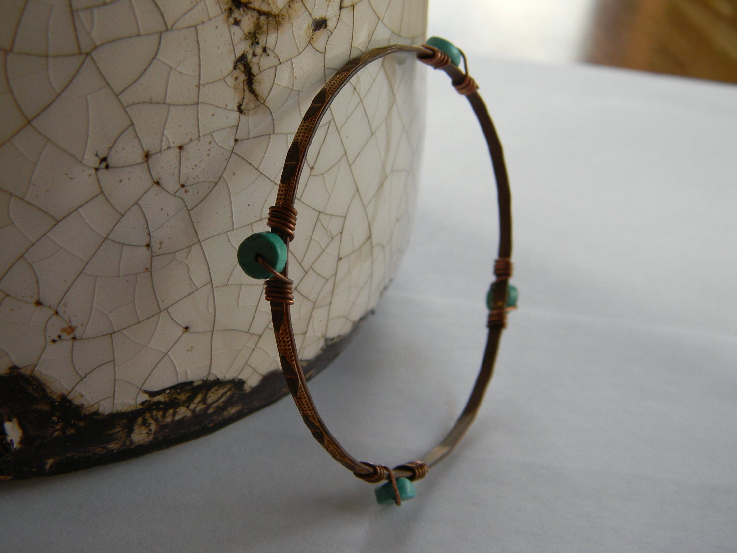Brass bangle bracelet wire wrapped in copper and turquoise unique handmade hand forged mixed metal