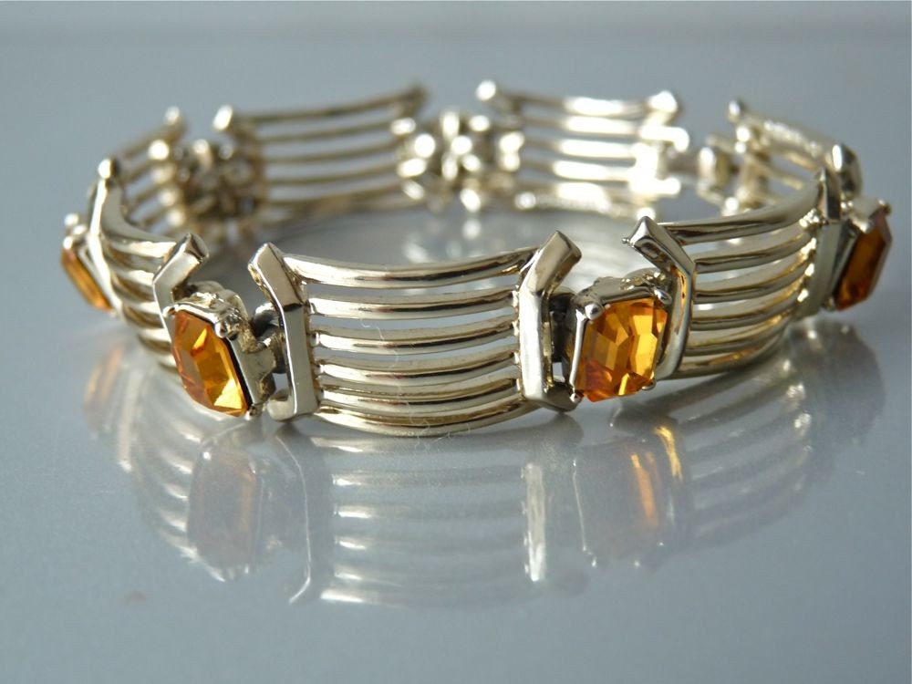 Vintage panel bracelet with amber faux rhinestones