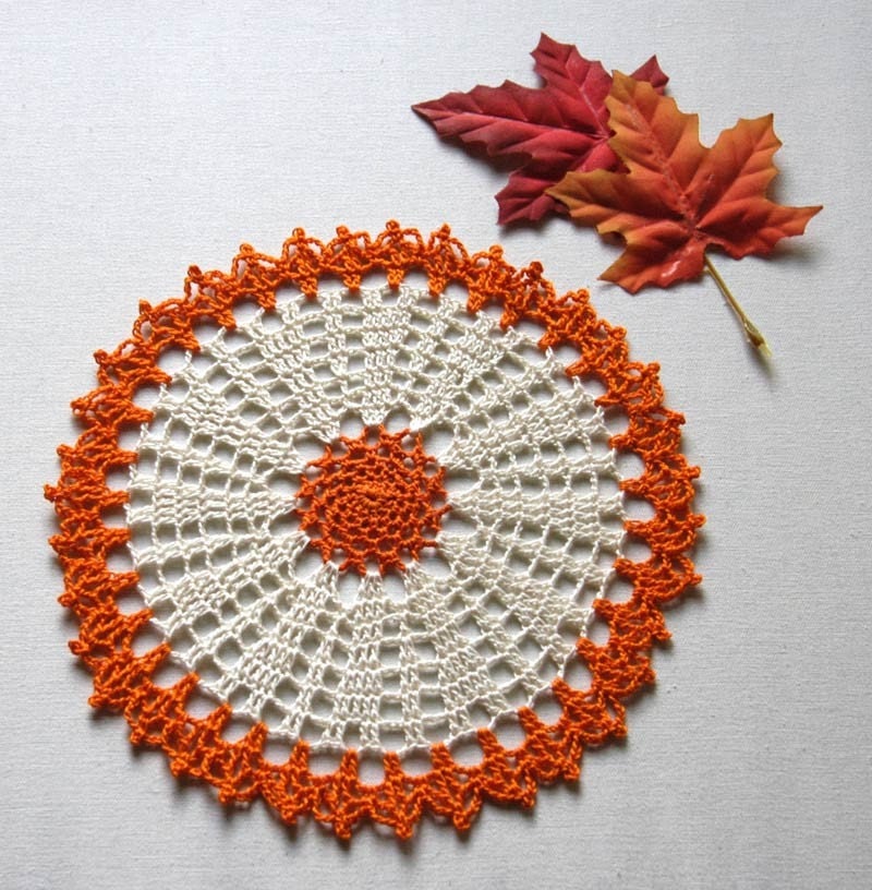 Autumn Decor Crochet Lace Doily Pumpkin Orange Ecru