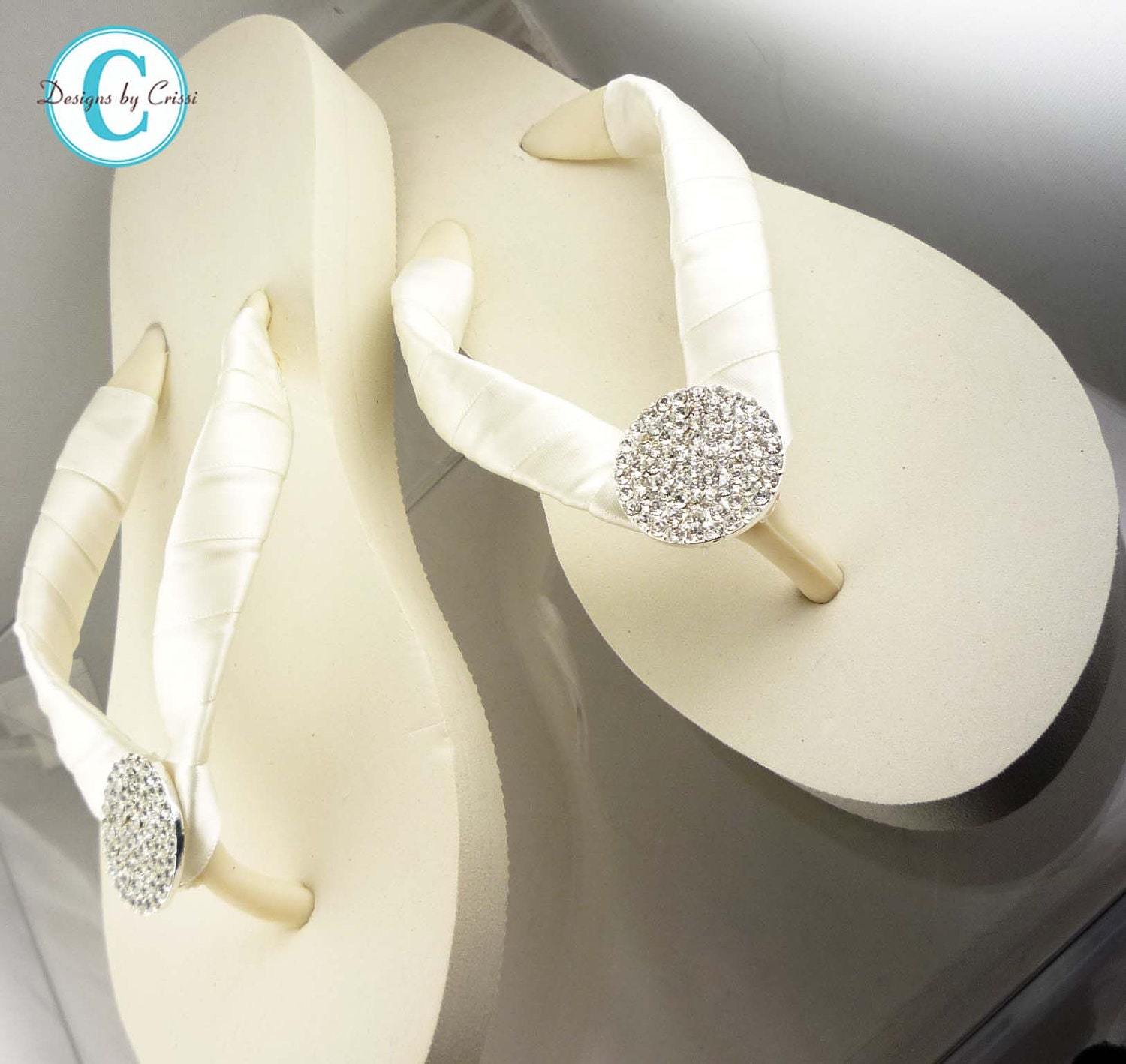 Bridal Ivory Flip Flops Wedge Rhinestone Bling Satin Round Circle ...