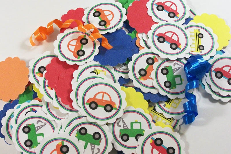 VEHICLES Confetti, Mini Tags  :  cars, tow trucks, buses, transportation