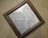 Ginkgo Biloba Botanical Tile, Recycled Cast Aluminum Wall Art, Walnut Wood Frame