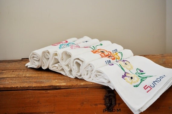 Vintage Days of the Week Flower Embroidered Flour Sack Towel Seven Day Set