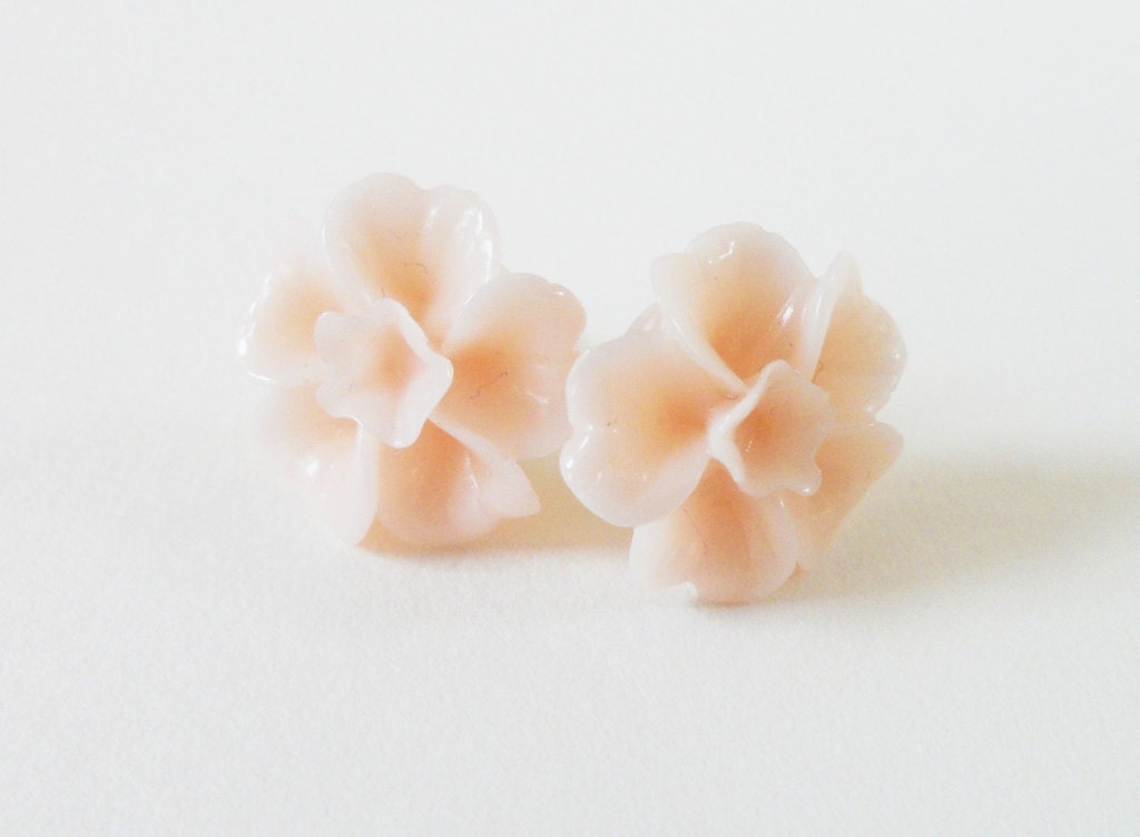 Peachy Pink Japanese Cherry Blosom Earrings- Flower Earrings- Surgical Steel Post Earrings