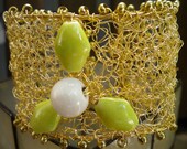 Crocheted Lace Wire Cuff Bracelet with Brass Beads and Ceramic Beads