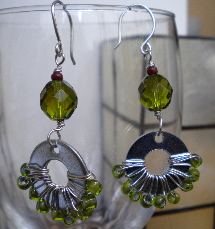 Wire Wrapped Washers with Glass and Crystal Beads and Sterling Silver Ear Wires