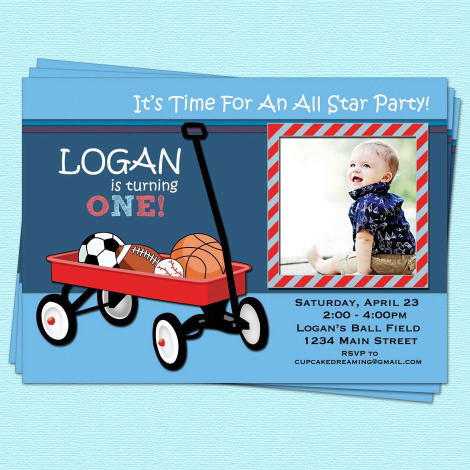 1st Birthday Invitations Boy Red Wagon Sports Football, Soccer, Basketball Printable Birthday Design