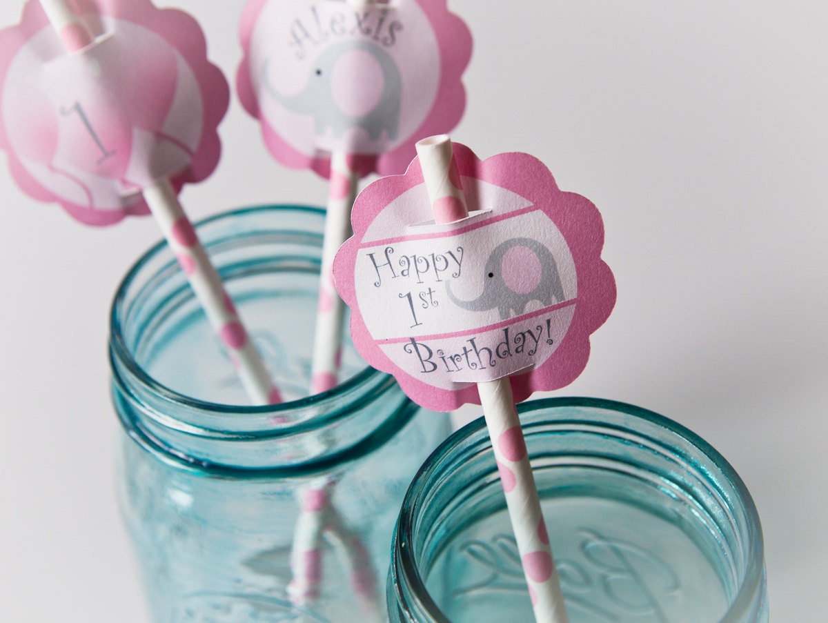 Elephant Birthday Paper Straws Pink polka dot - set of 24