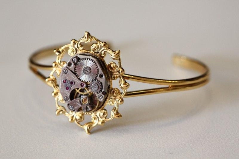Steampunk Bracelet - Gold Filigree with Vintage Watch Movement by CB Designs