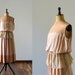 Vintage silk ecru and chestnut maxi dress with macramé lace peplum. maxi gown. floor length silk dress