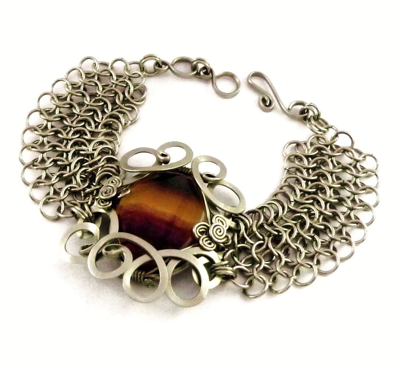 Wire Wrap Chainmaille Bracelet with Rainbow Fluorite stone