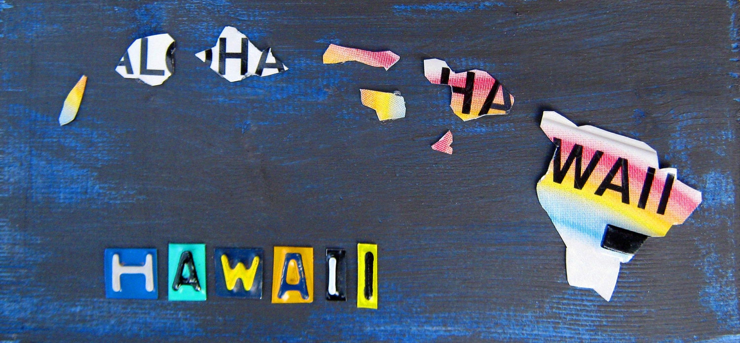 License Plate Art Map of Hawaii - Aloha State - Handmade Recycled Green Artwork