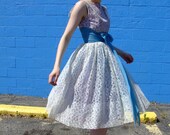1950s  PERIWINKLE BLUE Chiffon and Lace CUPCAKE Fitted Waist Full Skirt  Formal