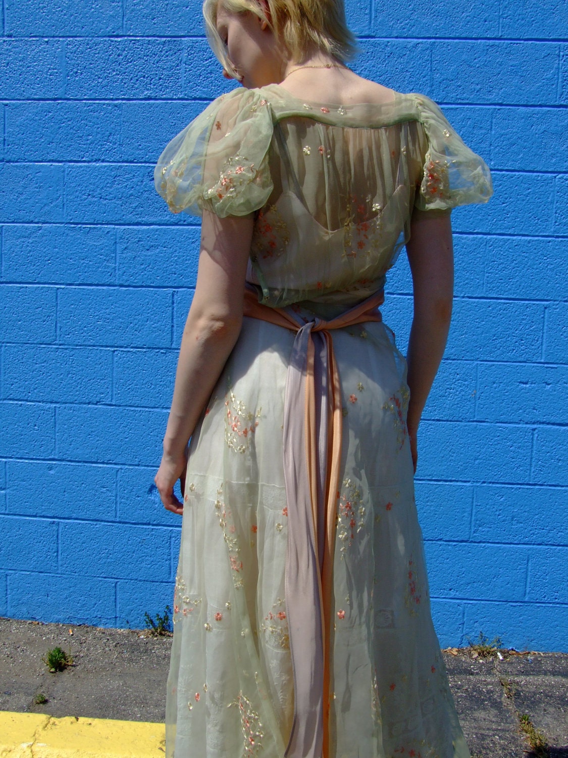 1930s  Sheer MOSSY Green Pale PEACH and DOVE Gray  Maxi Dress Full Length