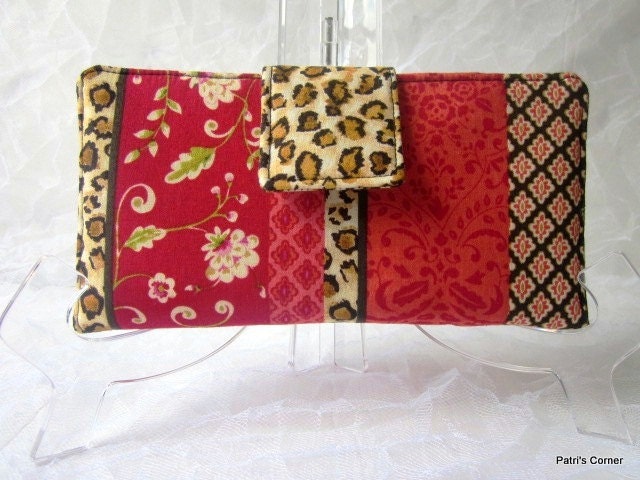 On Sale Handmade women wallet red floral and animal ID clear pocket, vegan