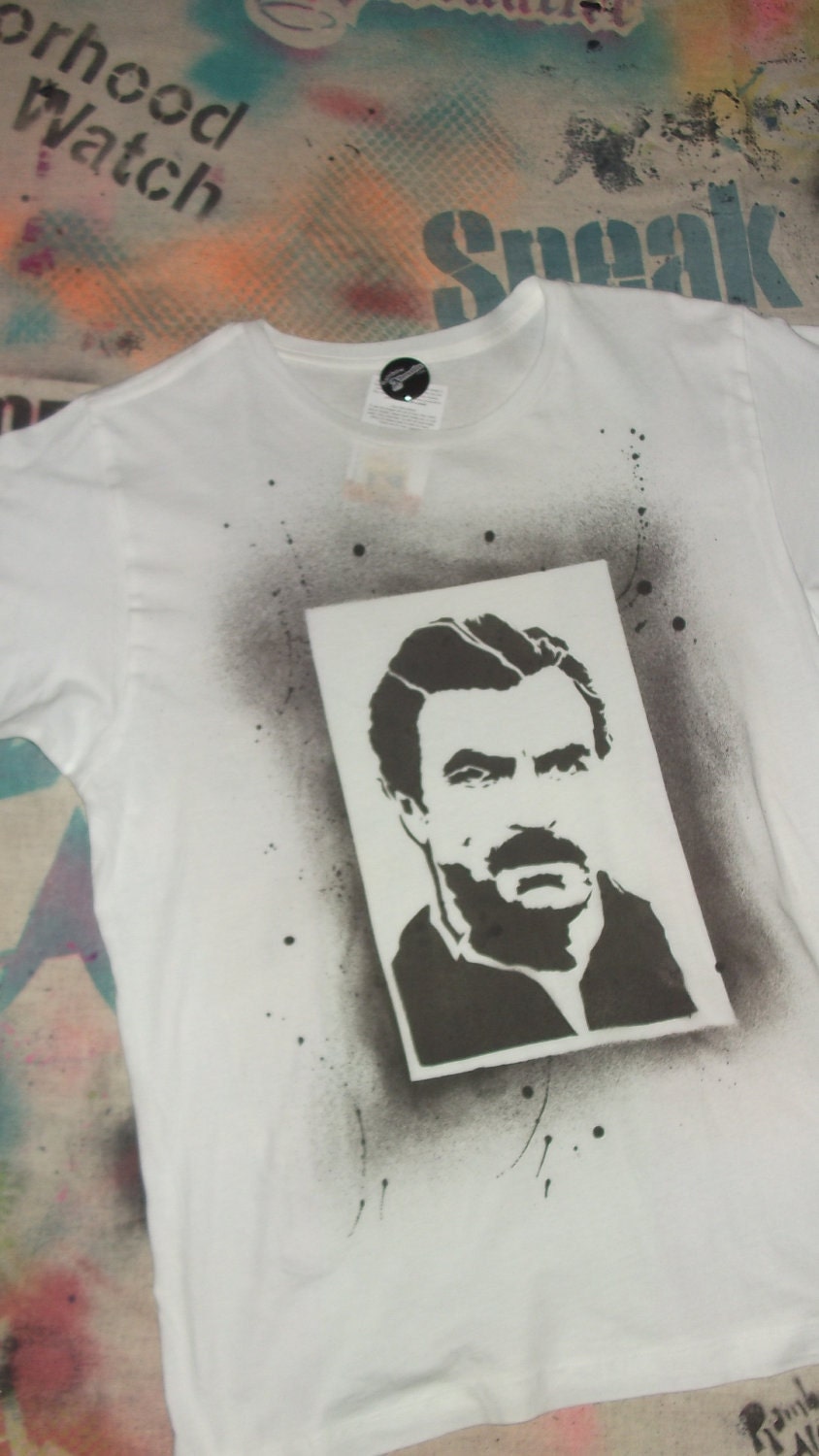 funny 80s t-shirts Tom Selleck Mustache hand stenciled & spray painted by Rainbow Alternative on Etsy