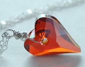 Crystal Heart Necklace Sterling Silver Jewelry Wire Wrapped Crystal Heart Pendant Red Orange Valentine's Birthday Jewelry
