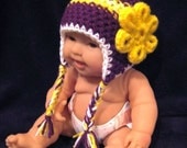 Purple, Yellow & White Bluebird Earflap Hat with Flower