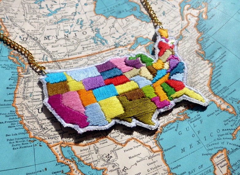 Map of USA Hand Embroidered Necklace - Long Length Adjustable