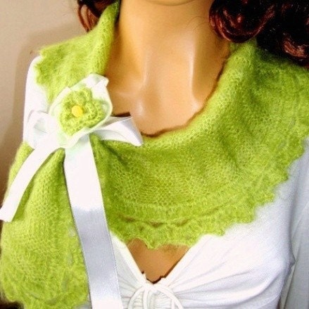 Hand Knit Neckwarmer, Scarf,  Lemon Green, Adorned With Ribbon and Flower,Winter Accessories, Fall Fashion, Shawl