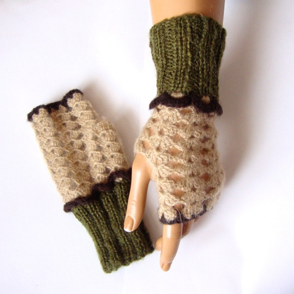Hand Crochet Green Beige Gloves, Fingerless Gloves, Hand knitted Mitten, Lace Trend, Winter Accessories, Women Gloves, Holiday Accessories