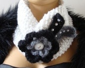 Hand Knit White Scarf Neckwarmer, Black Gray Flower, Beads, Winter Accessories,, Fall Fashion, Holiday Accessories,  Winter Fashion,