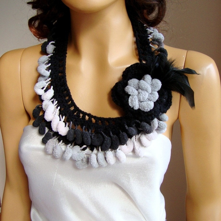 Hand Crochet Lariat Scarf Black Gray  White, Long ,Fall fashion, Winter Accessories Chunky Cowl
