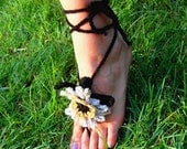 Hand Crochet Lace Barefoot Sandal, Beige, Yellow, Black Flower  Summer, Beach, Pool, Yoga, Victorian, Gotic, Hippie, Gypsy, Girly