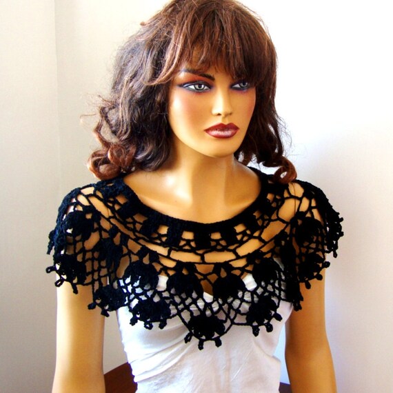 Hand Crochet Bridal Black Lace Bolero Shrug, Shawl, Bride Bridesmaid LaceFashion, Capelet, Holiday Accessories, Shoulder Wrap, Spring