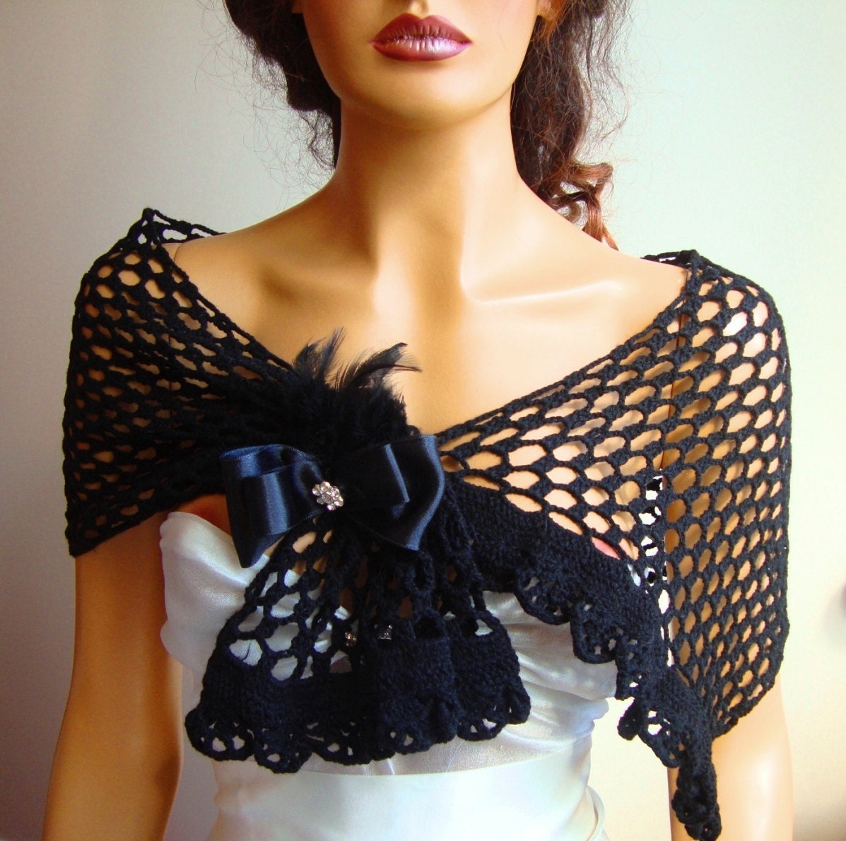 Hand Crochet Black Shawl, Lace Shawl, With Ribbon, Feather,  Brooch, Holiday Accessories, Shoulder Wrap