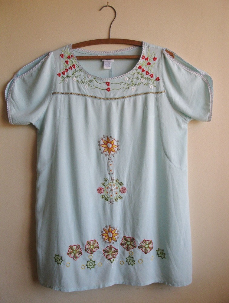 Robins Egg Blue handmade Embroidery Hippie Slouch Blouse / Dress