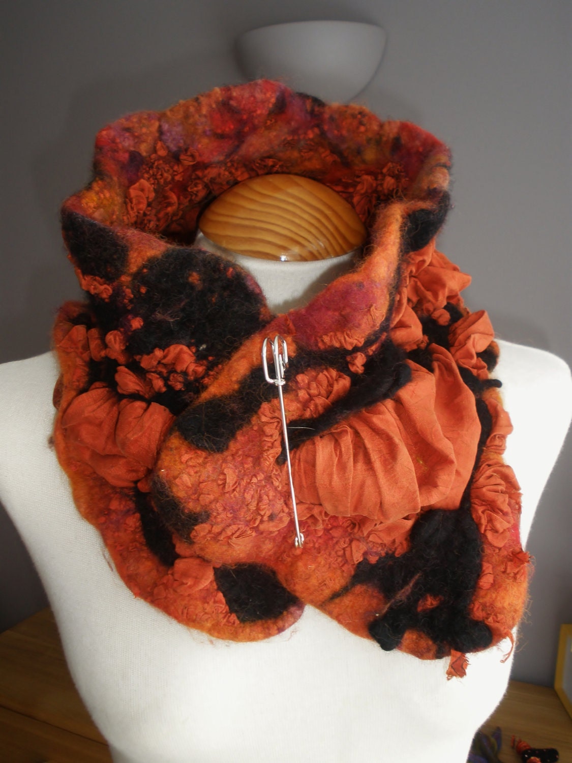 Orange Nuno Felted shibori wool silk cowl collar snood neckwarmer - lagenlook art to wear