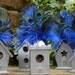 Birdhouse table number holders with Peacock, maribou and guinea feathers in your choice of colors