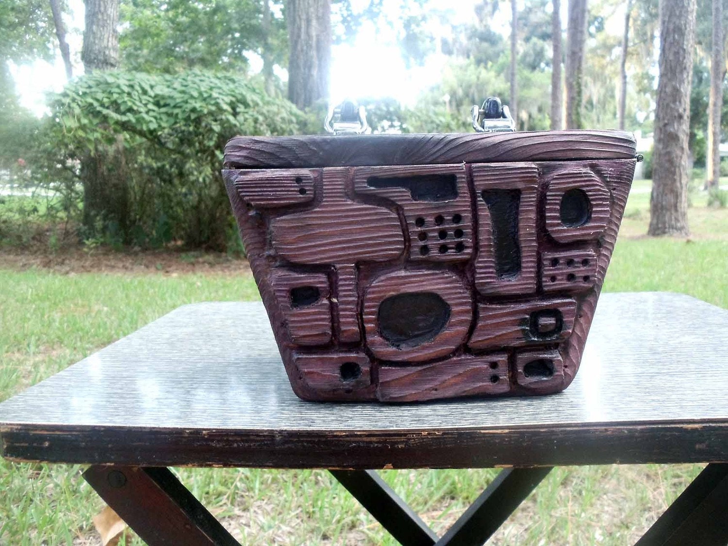 Hand Carved Wooden Box purse- Purple Primitive mod rockabilly chic